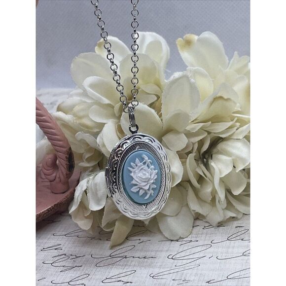 BLUE Rose White Mothers Day Cameo Locket Silver Easter Daughter Gift Wedding - Picture 2 of 10